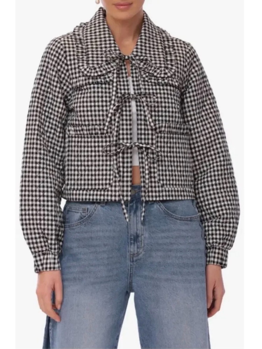 Avec Les Filles Checkered Quilted Cotton Tie Front Jacket